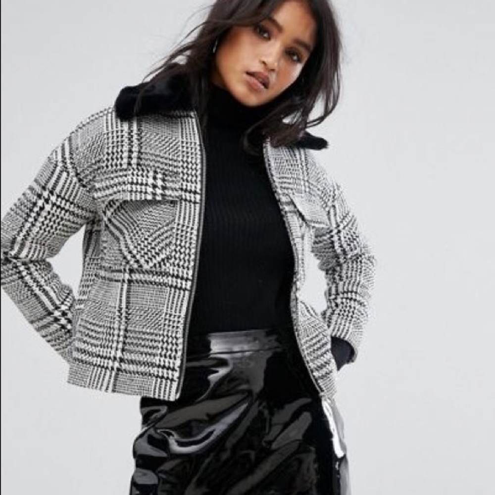 ASOS plaid jacket with faux fur hood